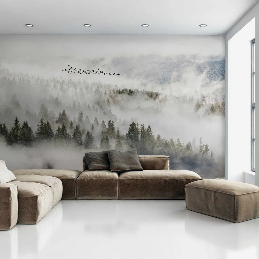 Fototapety Hmlový les a vtáky u13823