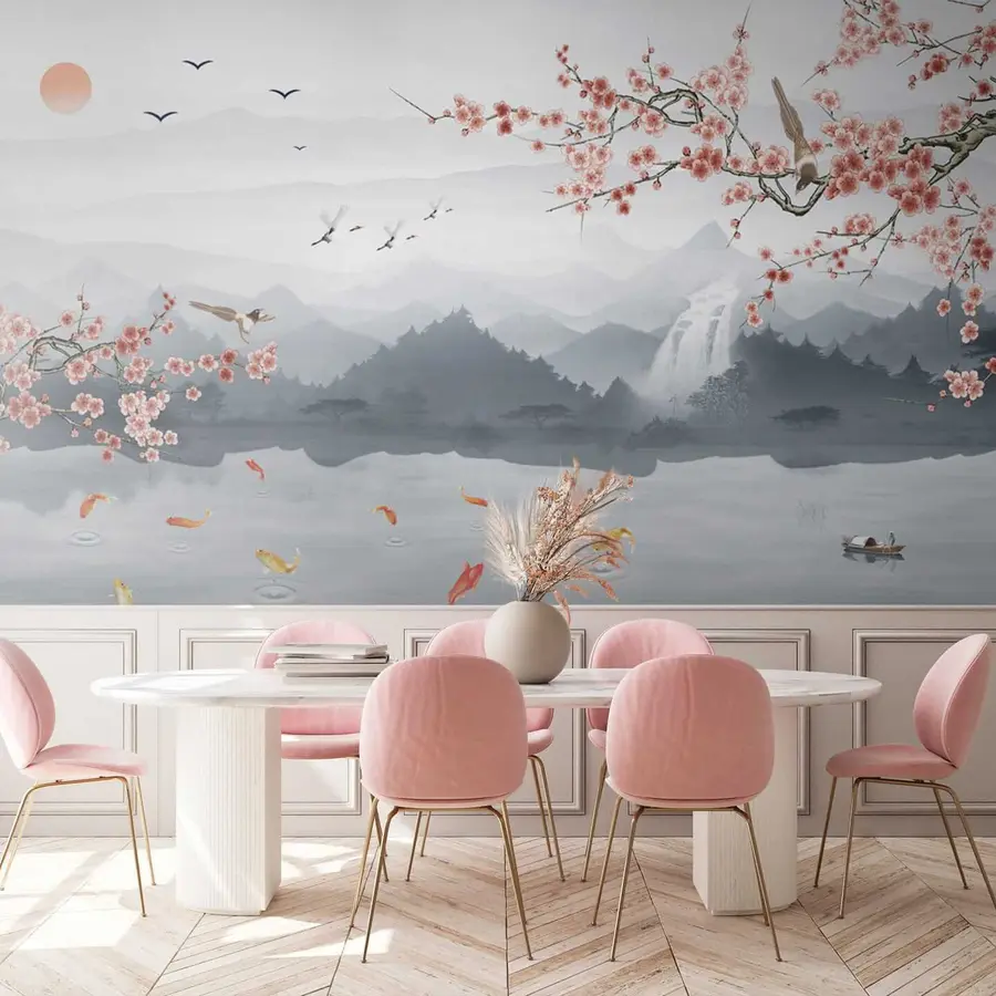 Fototapety Sakura na pozadí jazera a hôr u28840