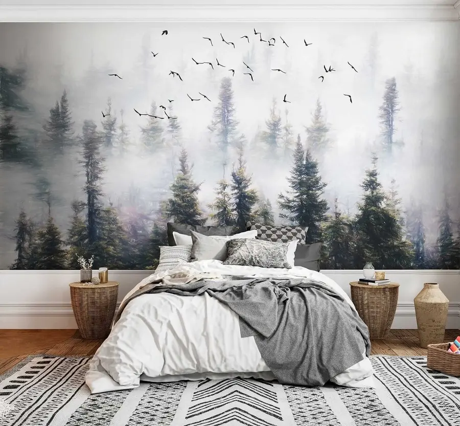 Fototapety Hmlový les a vtáky u32237
