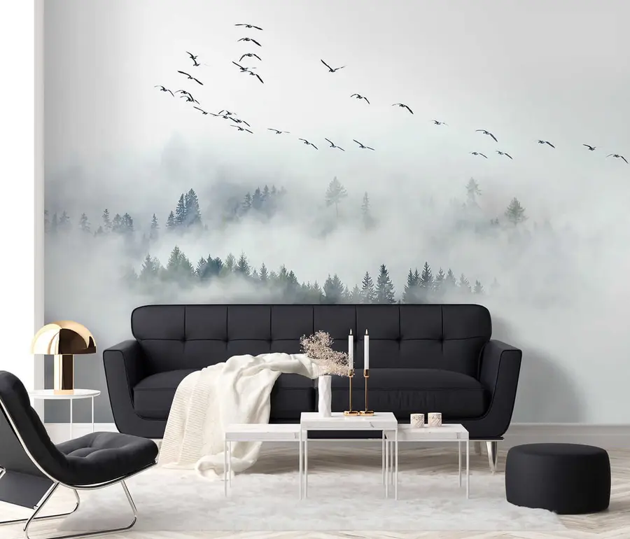 Fototapety Hmlový les a vtáky u32480