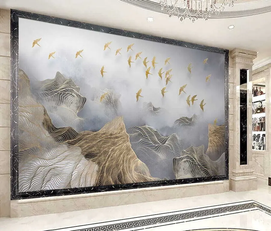 Fototapety Nádherná krajina s horami a vtákmi je nakreslená z tenkých čiar u44870