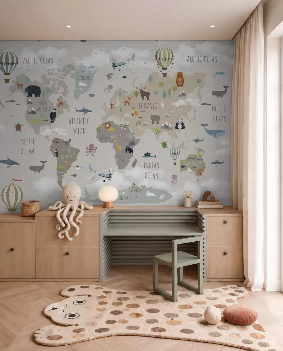 Fototapety Mapa sveta so zvieratami a balónmi u96461d1