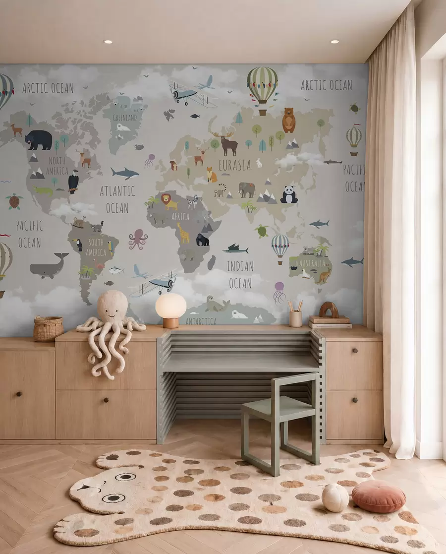 Fototapety Mapa sveta so zvieratami a balónmi u96461d2