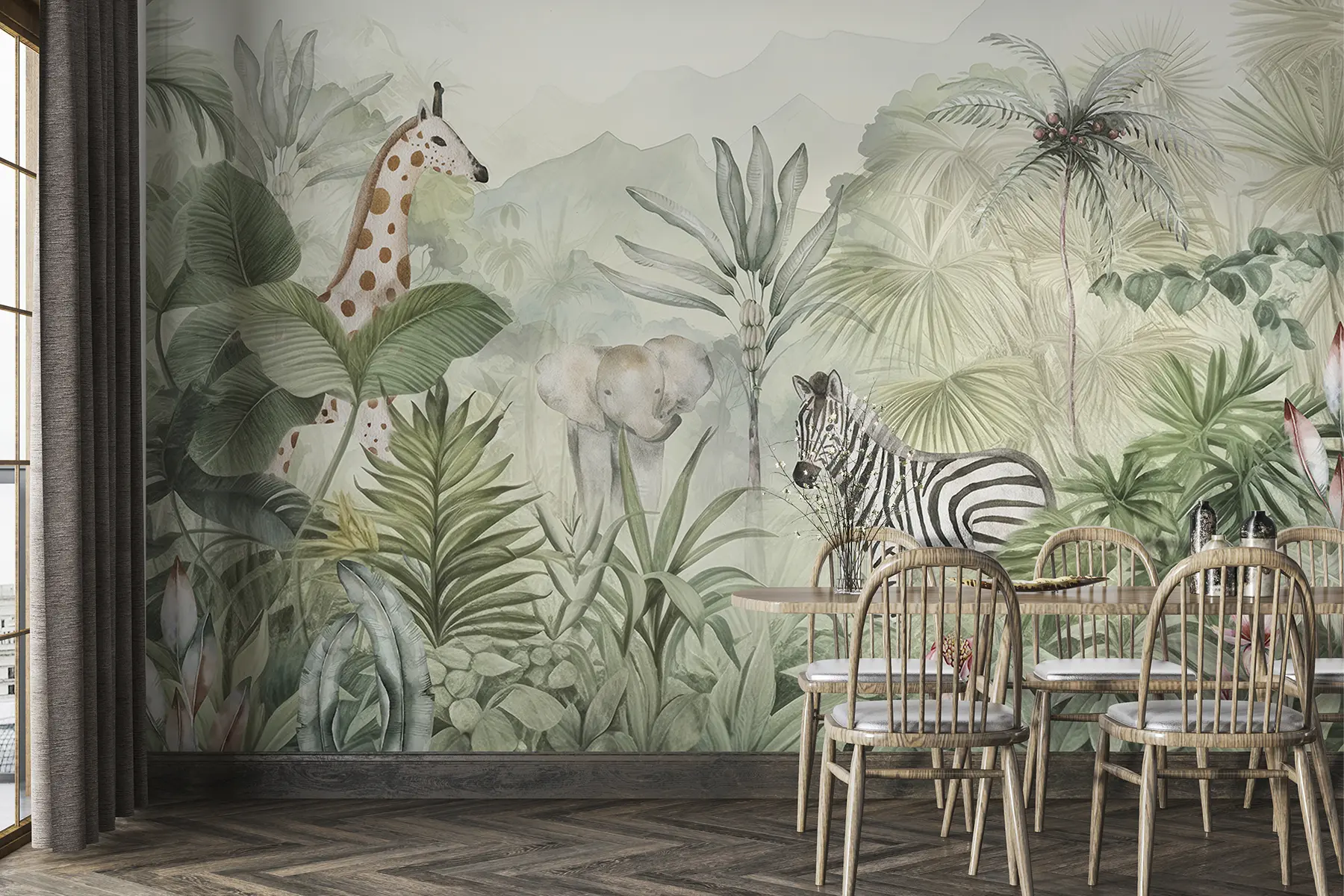 Fototapety Džungľa les, palmy, žirafa, slon, zebra, akvarel, zeleň, banánovník, kvety w00089