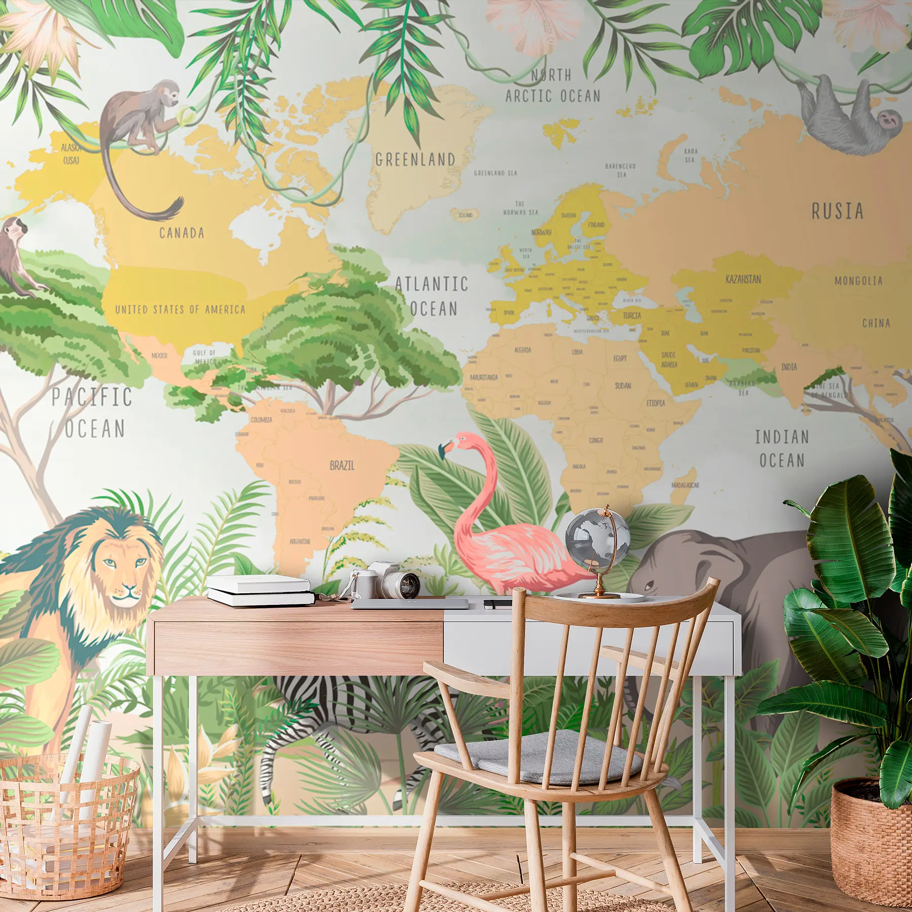 Fototapety Detská mapa sveta v tropickom štýle Džungľa a zvieratá w00373