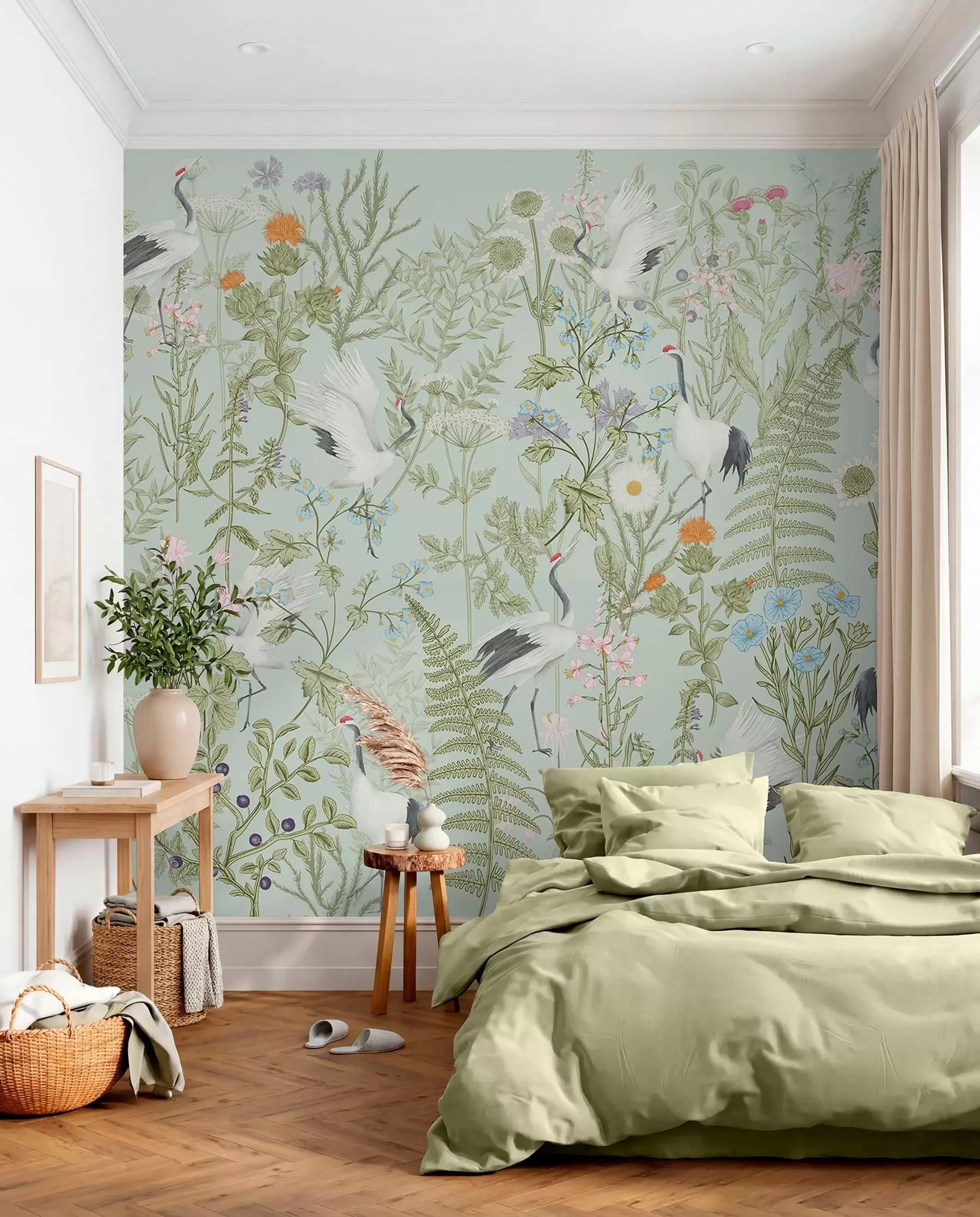 Fototapety Kvety ornament s vtákmi, rustikálny štýl, botanické, lúka, modré pozadie w00380v4