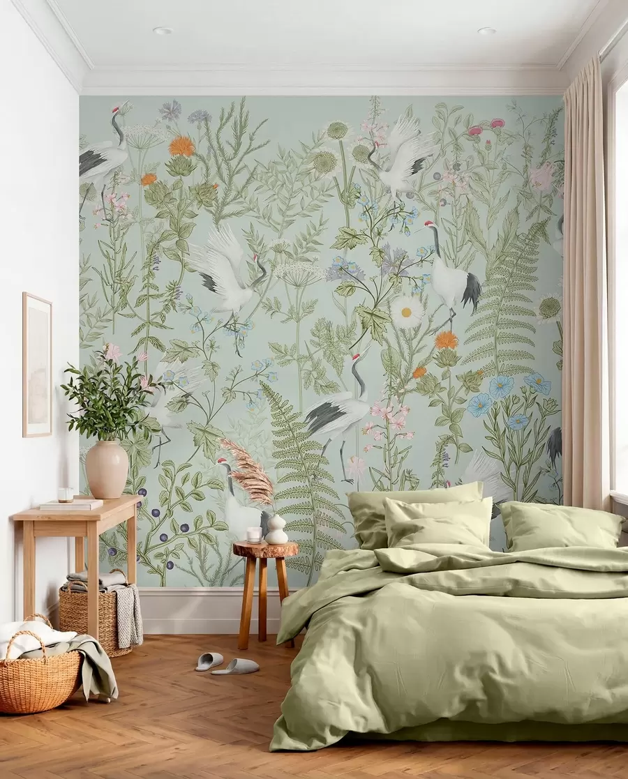 Fototapety Kvety ornament s vtákmi, rustikálny štýl, botanické, lúka, modré pozadie w00380v4