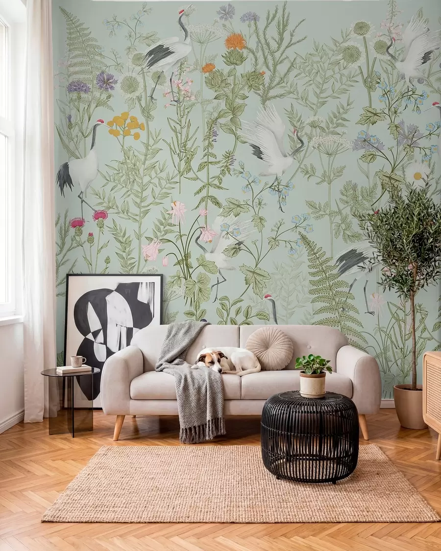 Fototapety Kvety ornament s vtákmi, rustikálny štýl, botanické, lúka, modré pozadie w00380v4