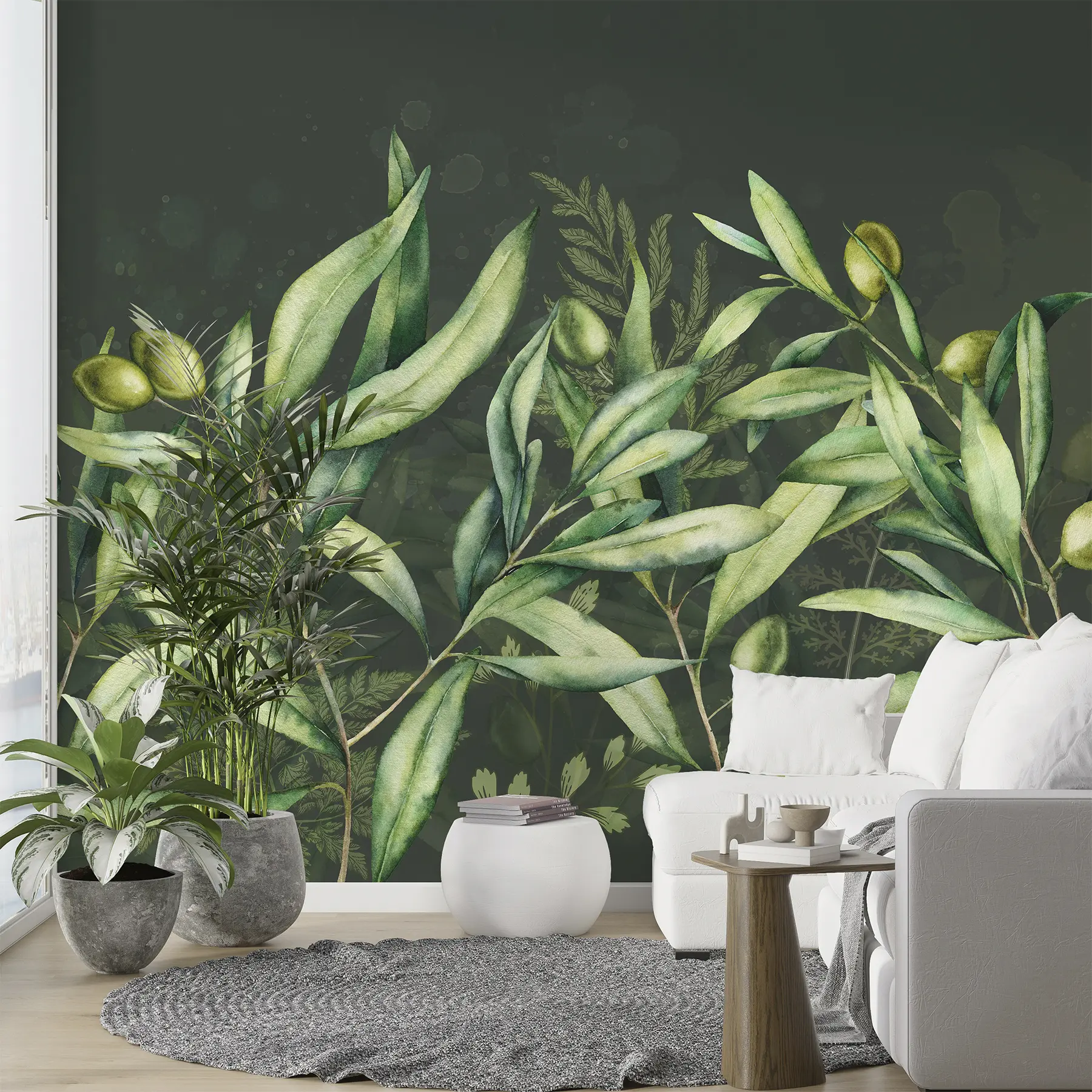 Fototapety Olivy ilustrácie, kvetinový dizajn, tropické, akvarel, veľké listy, tmavé pozadie  w00407v4