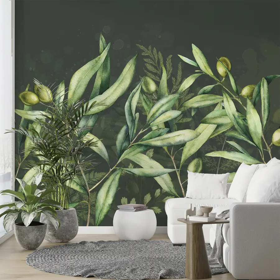 Fototapety Olivy ilustrácie, kvetinový dizajn, tropické, akvarel, veľké listy, tmavé pozadie  w00407v4