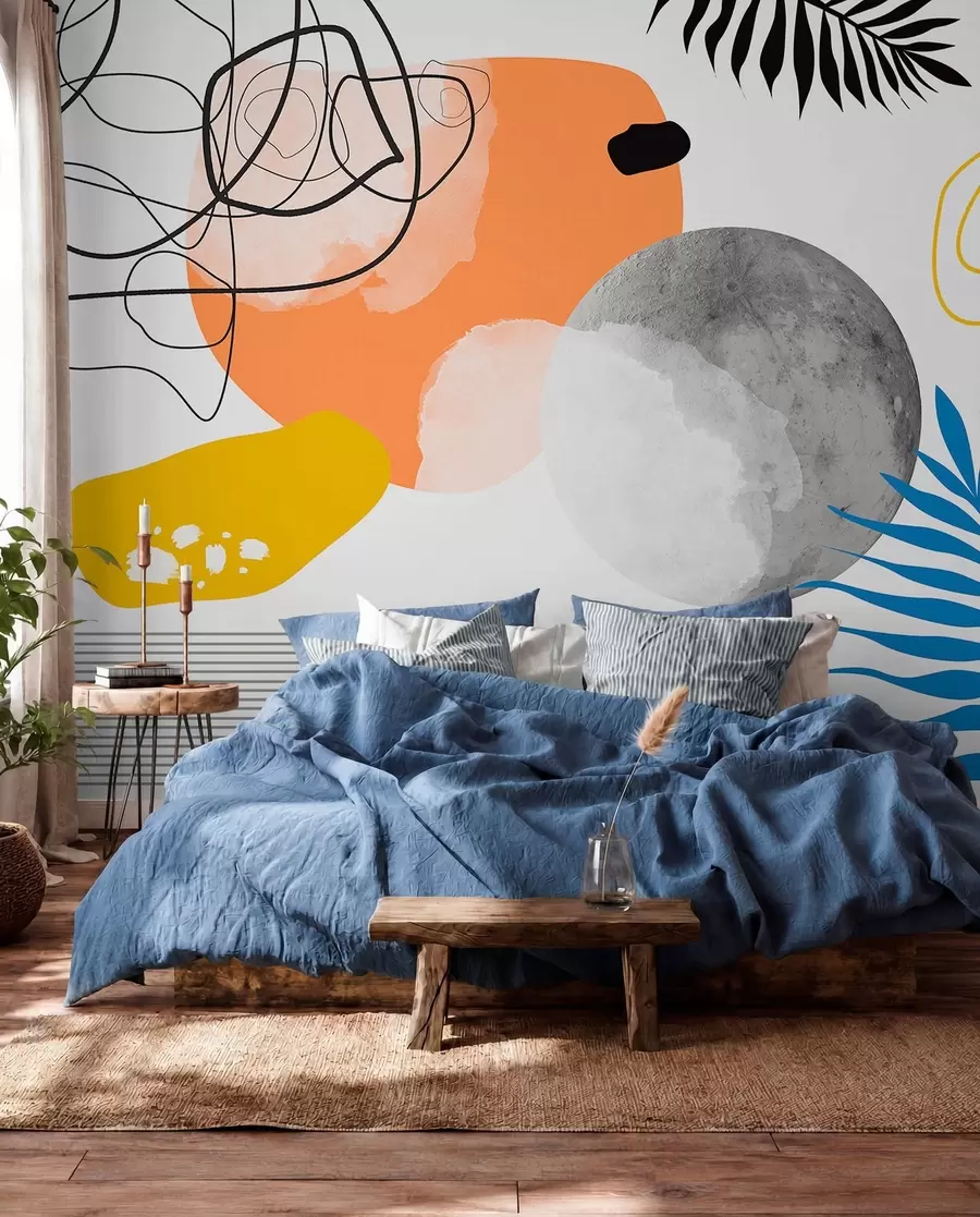 Fototapety Abstraktné moderné, minimalizmus, boho, geometria, akvarelové škvrny, spln, silueta palmového listu, topografia, komplikovanosť, oranžová, žltá, šedá w00508