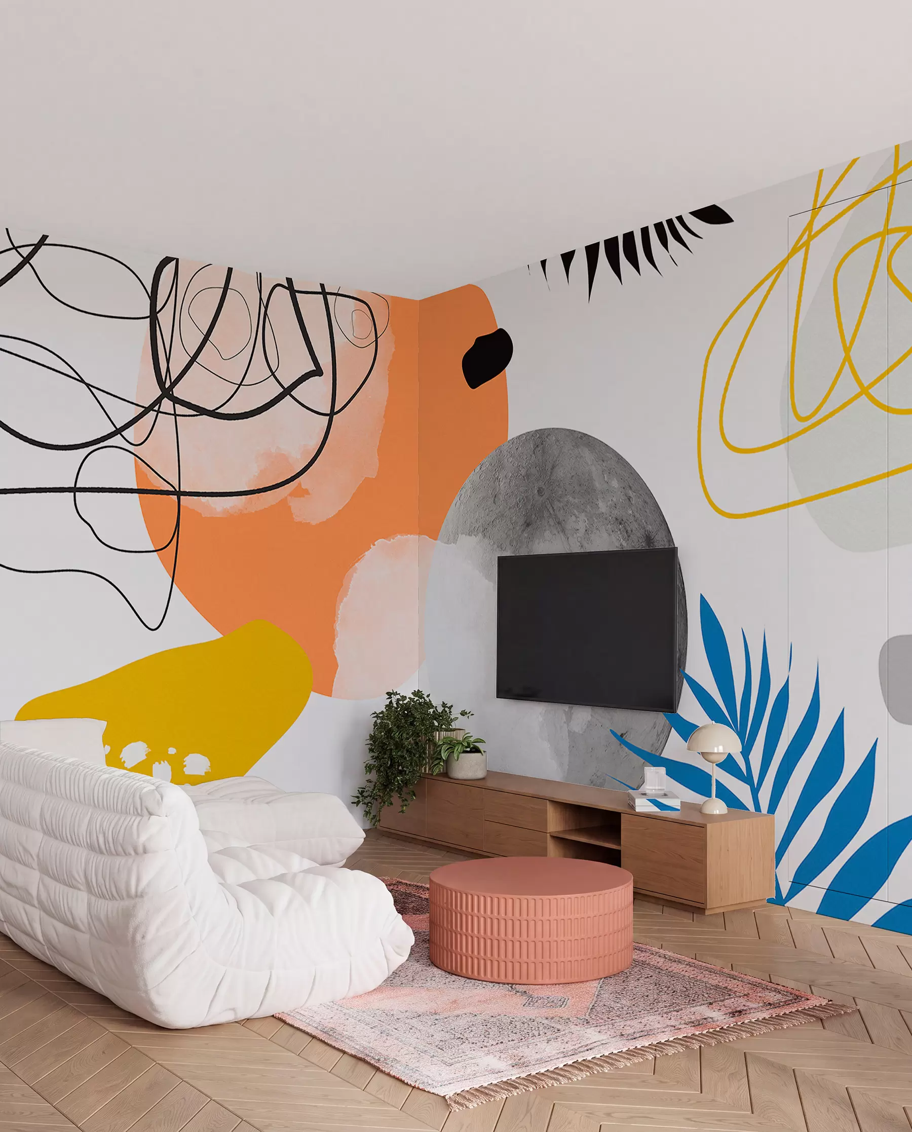 Fototapety Abstraktné moderné, minimalizmus, boho, geometria, akvarelové škvrny, spln, silueta palmového listu, topografia, komplikovanosť, oranžová, žltá, šedá w00508