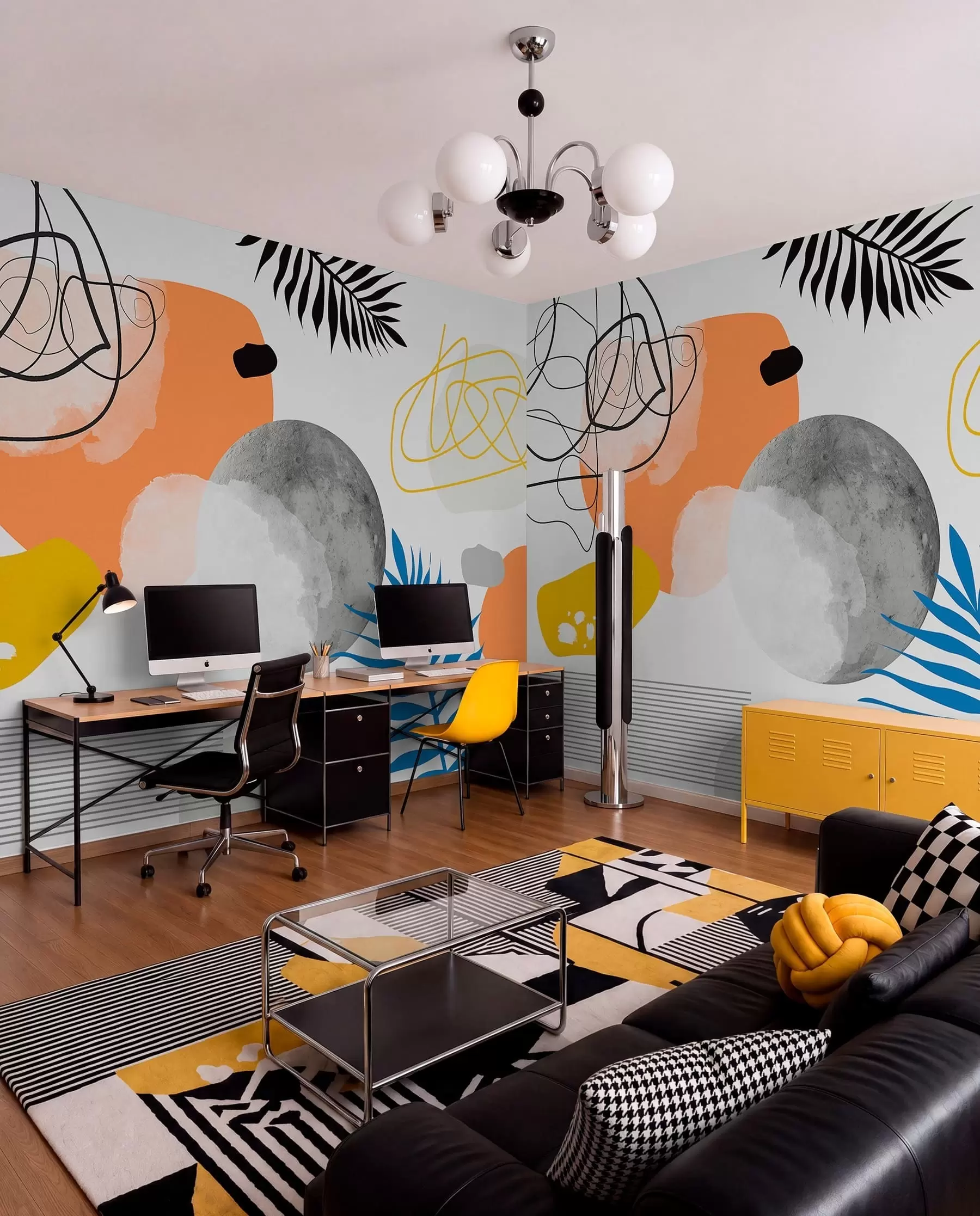 Fototapety Abstraktné moderné, minimalizmus, boho, geometria, akvarelové škvrny, spln, silueta palmového listu, topografia, komplikovanosť, oranžová, žltá, šedá w00508