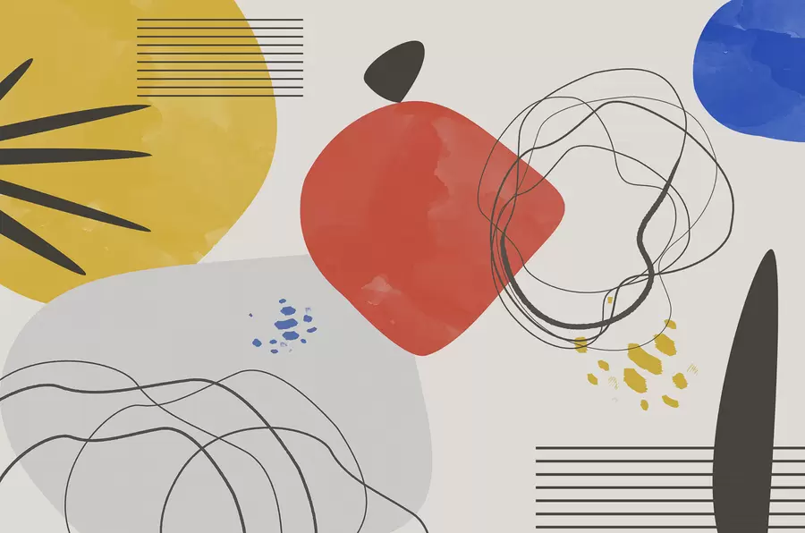 Fototapety Moderná abstrakcia, svetlé miesto, boho, geometria, topografia, krivky, čiary, červená, žltá, modrá, čierna w00514