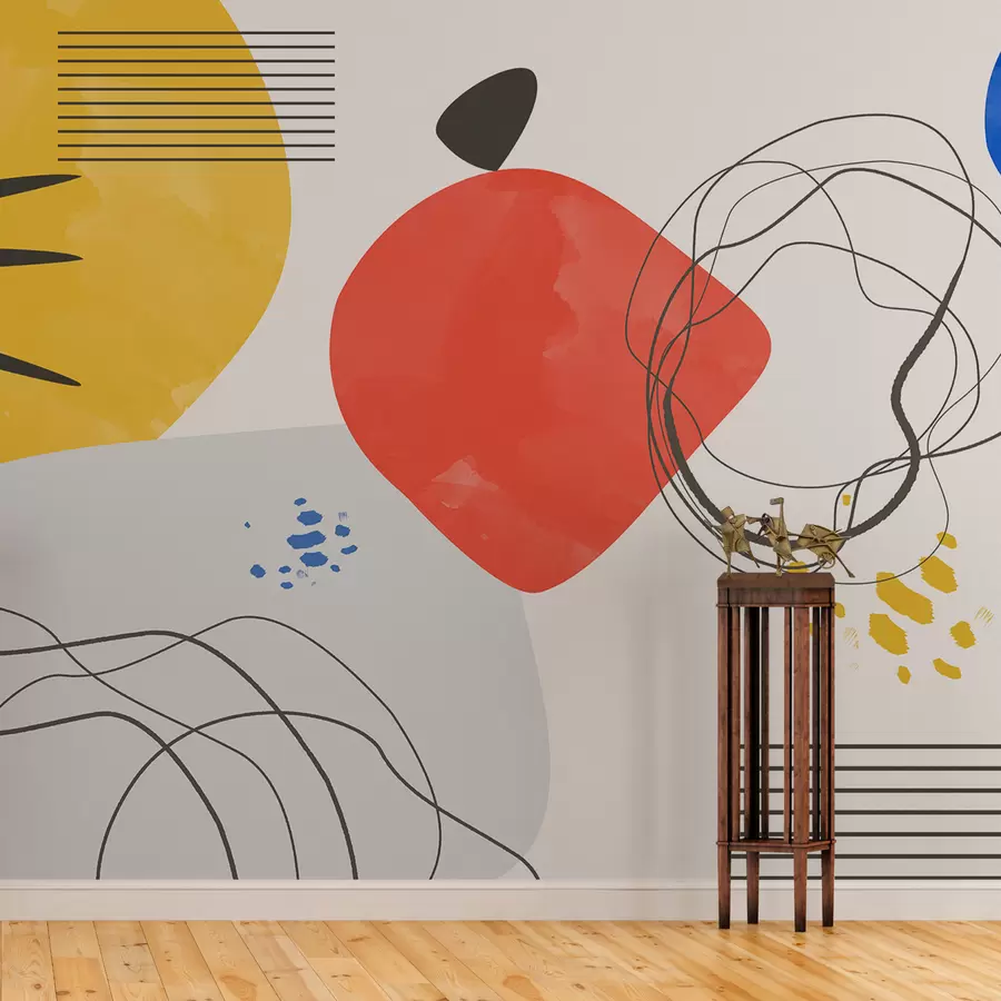 Fototapety Moderná abstrakcia, svetlé miesto, boho, geometria, topografia, krivky, čiary, červená, žltá, modrá, čierna w00514