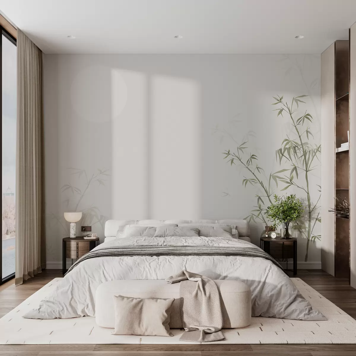 Fototapety Minimalistický štýl Japandi rastlina bambus a slnko Chinoiserie zelenej farby w00547
