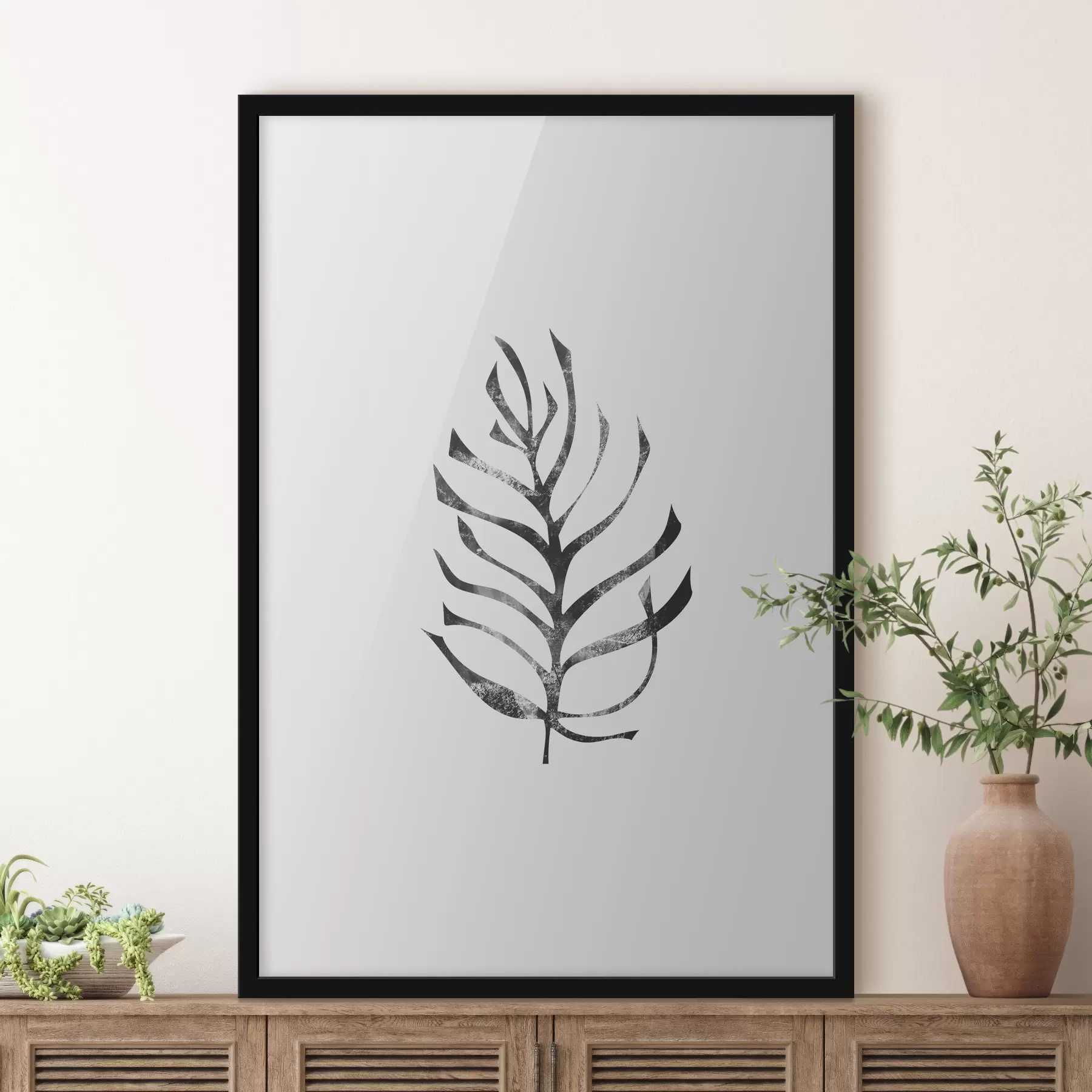 Fototapety Minimalistický čierny tropický list s rezmi a textúrou, čierna, šedá farba f38341