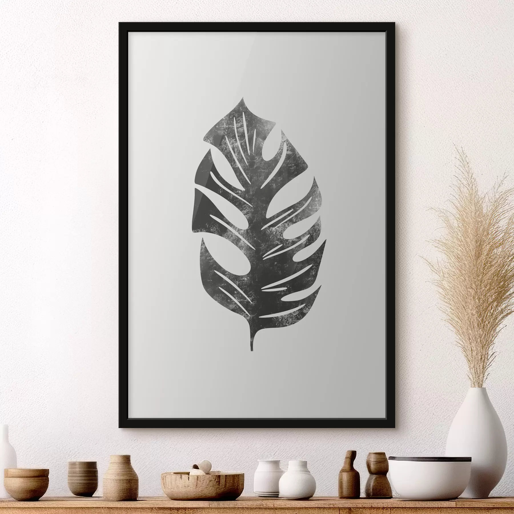 Fototapety Rastlina, list monstera so štrbinami, tropický, minimalizmus, farba čierna a sivá textúra f38345