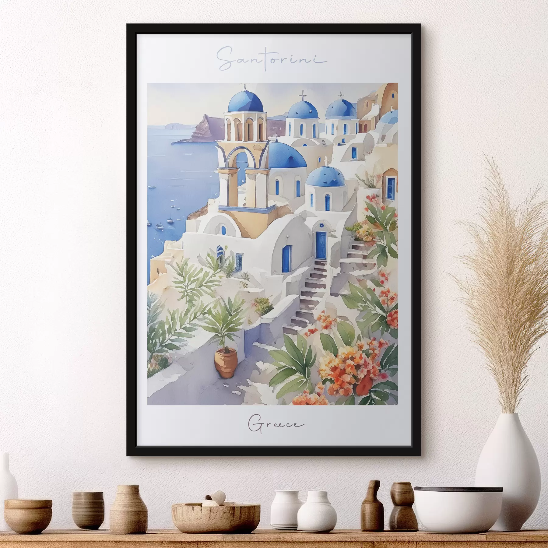 Fototapety Santorini, grécko architektúra, akvarel, leto, pobrežie Stredozemného mora f38400