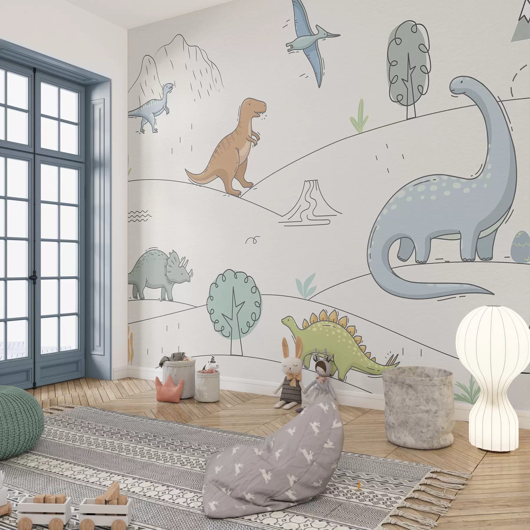 Fototapety Farebné dinosaury na kopcoch w00637