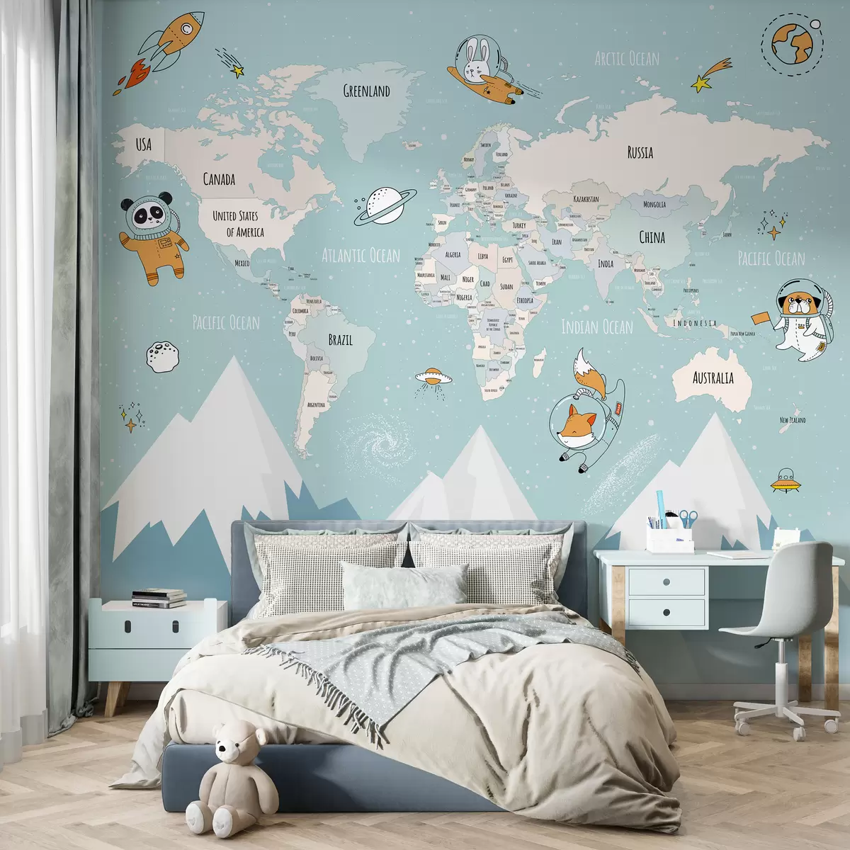Fototapety Mapa krajín sveta so zvieracími astronautmi w00066d1