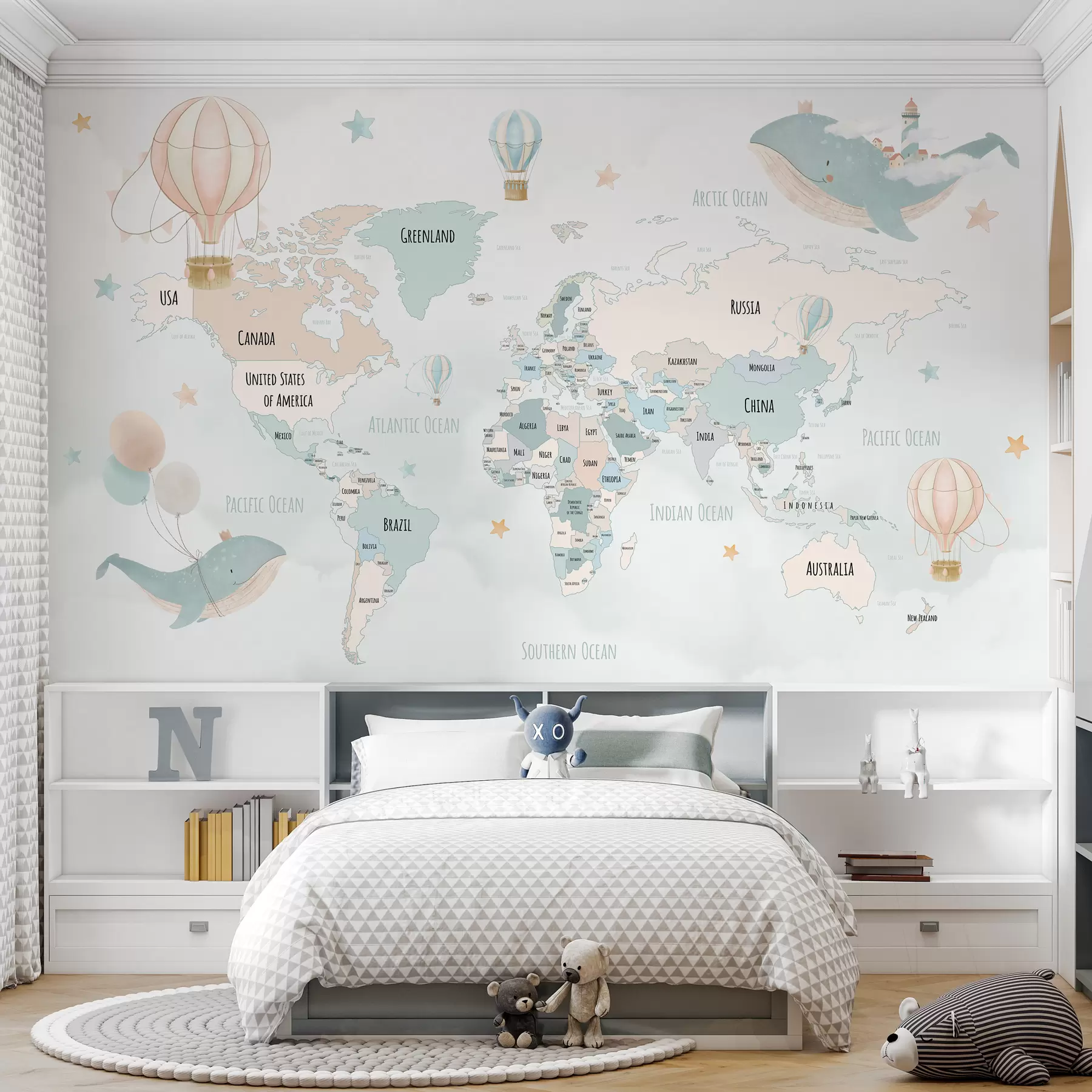Fototapety Mapa sveta s veľrybami a balónmi w00680