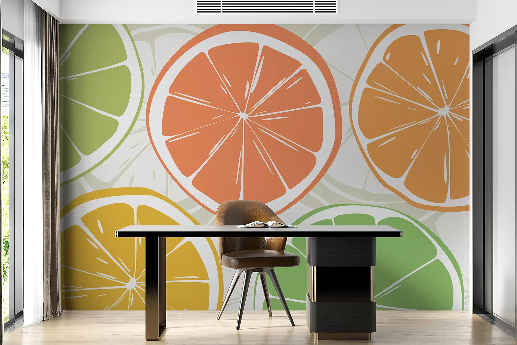 Fototapety Citrusy, pomaranč, limetka, plátky grapefruitu, bodka, abstrakcia, ovocie, červená, oranžová, zelená w00725