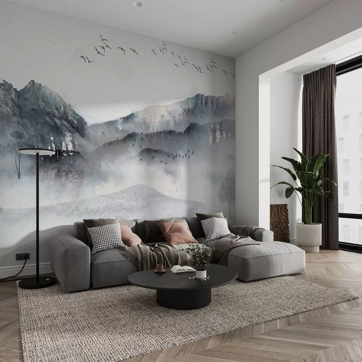 Fototapety Krajina s horami v pozadí, s niekoľkými stromami viditeľnými v pokojnom popredí  w00707