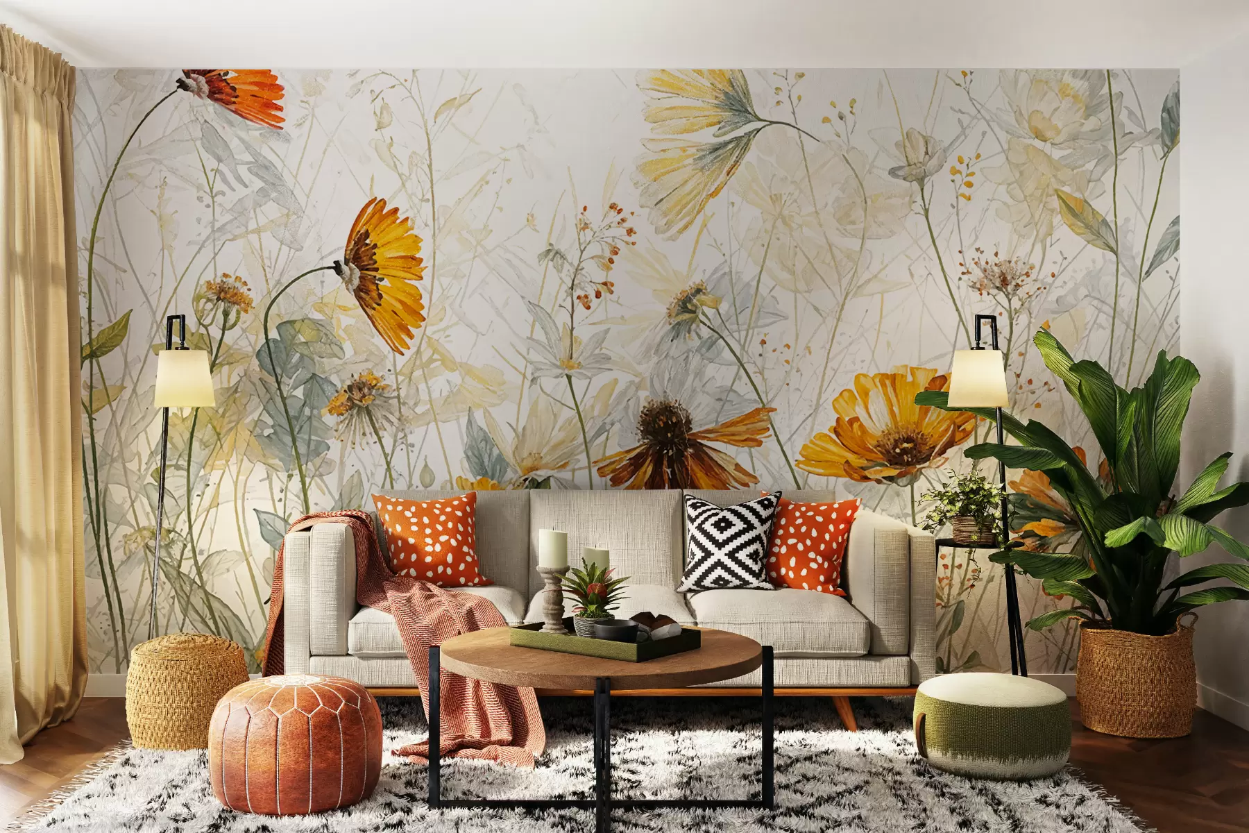 Fototapety Pole žiarivých kvetov na jemnom, zahmlenom pozadí s jemnými bielymi kvetmi a chumáčovou trávou w00708