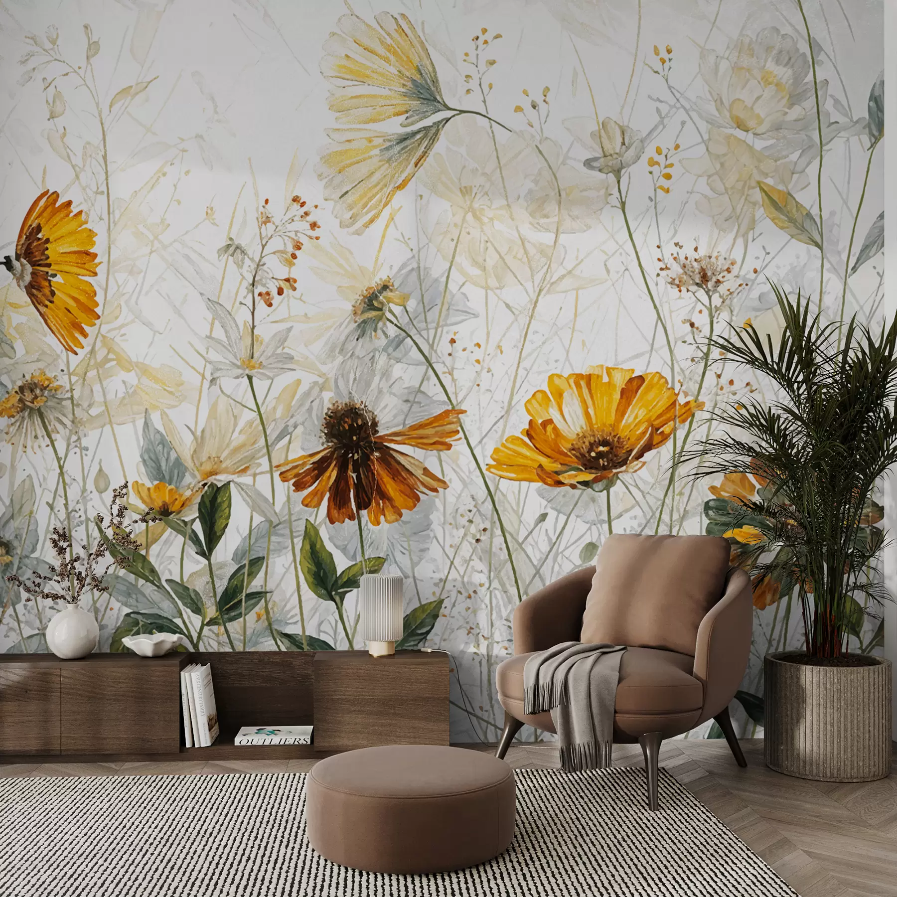 Fototapety Pole žiarivých kvetov na jemnom, zahmlenom pozadí s jemnými bielymi kvetmi a chumáčovou trávou w00708