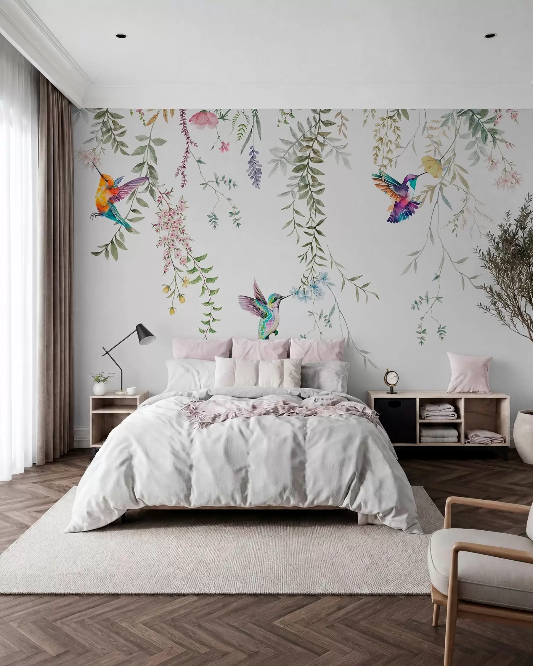 Fototapety Závesné kvety a listy a krásne kolibríky w00660