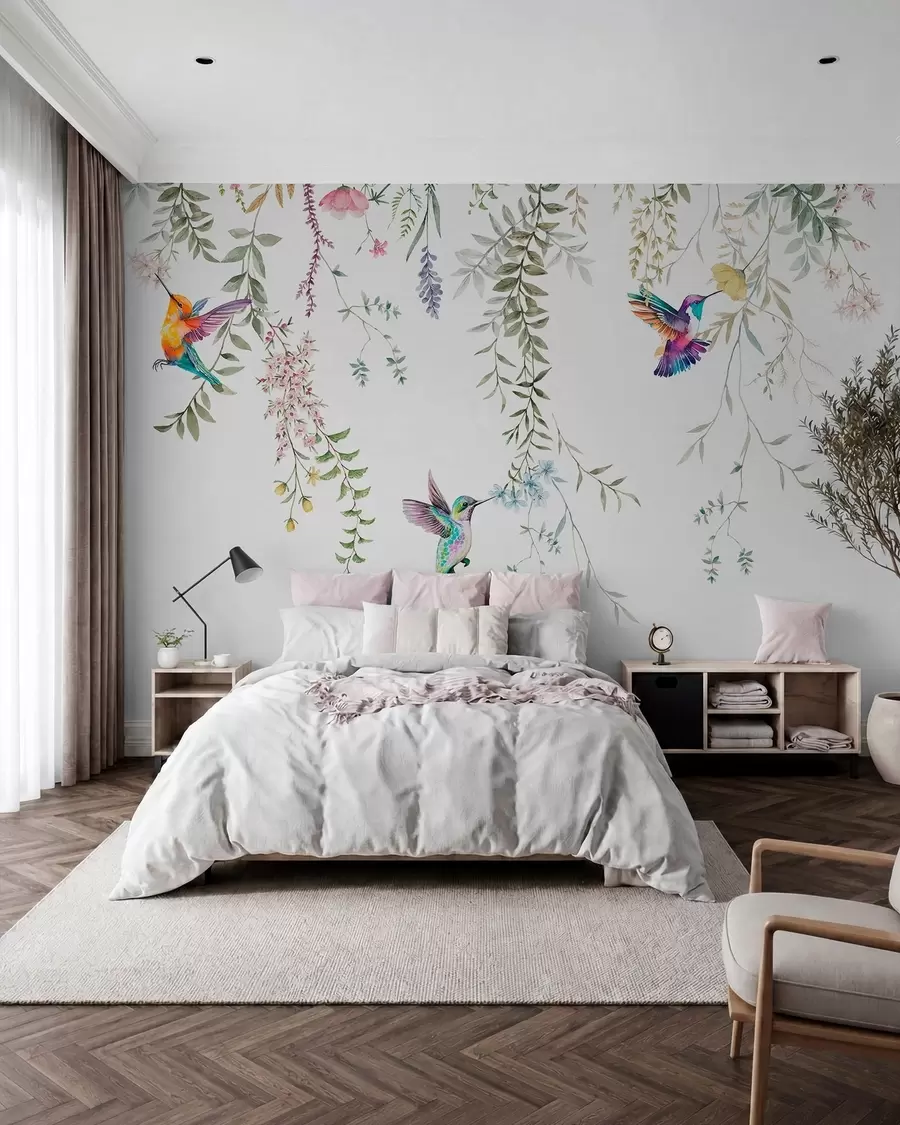 Fototapety Závesné kvety a listy a krásne kolibríky w00660