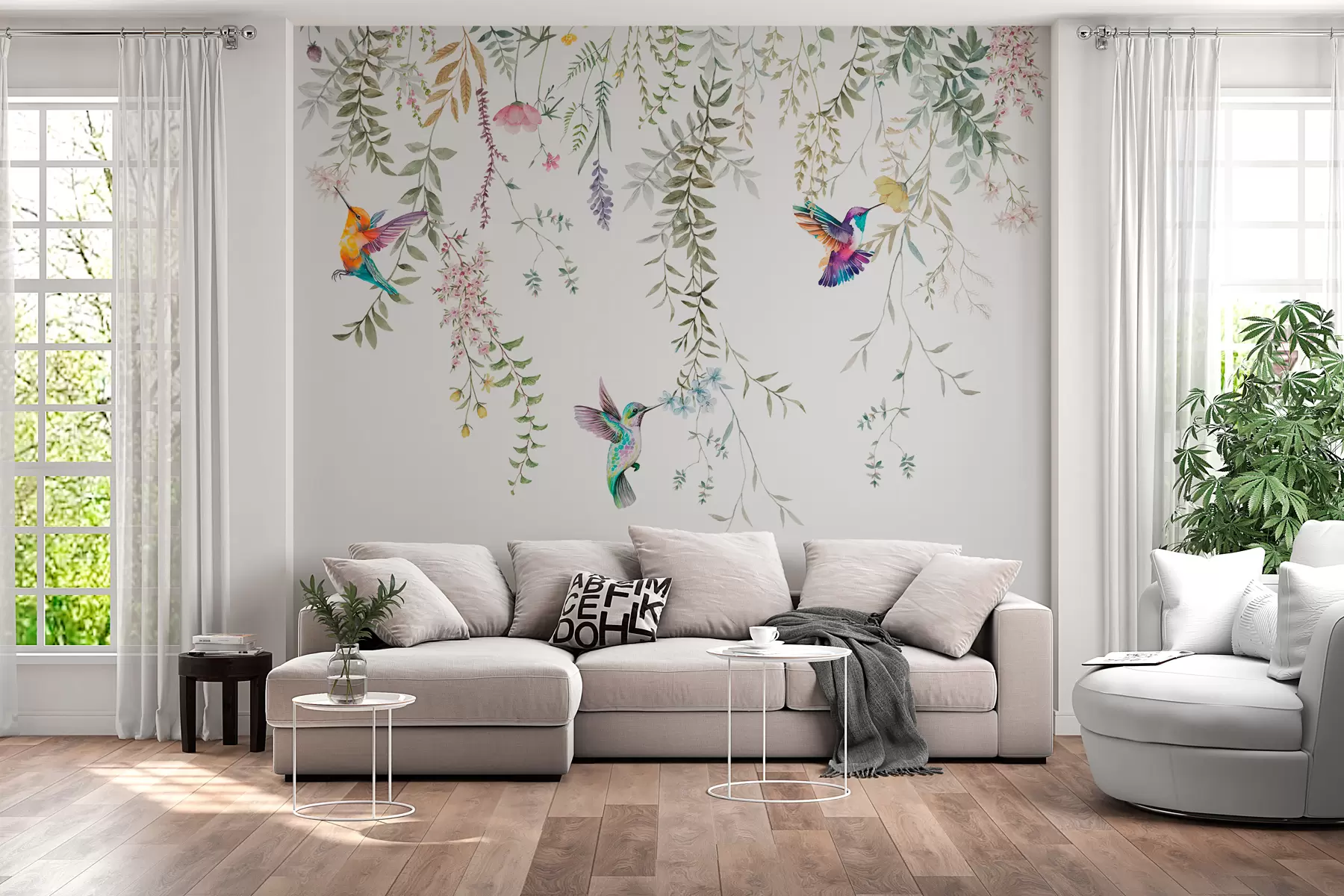 Fototapety Závesné kvety a listy a krásne kolibríky w00660