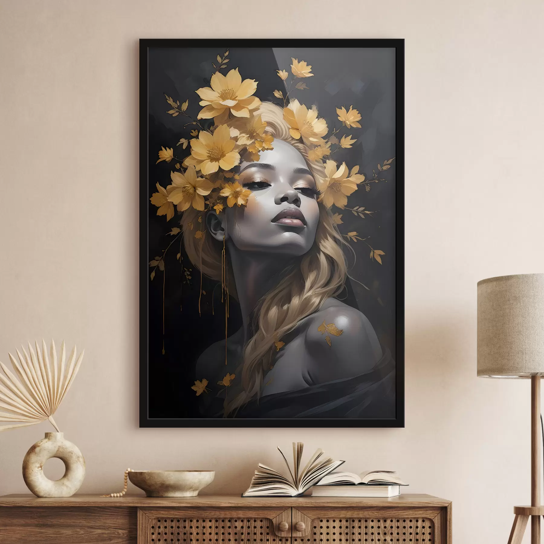 Fototapety Portrét mladej ženy obklopenej žltým jesenným lístím na tmavom pozadí f38834