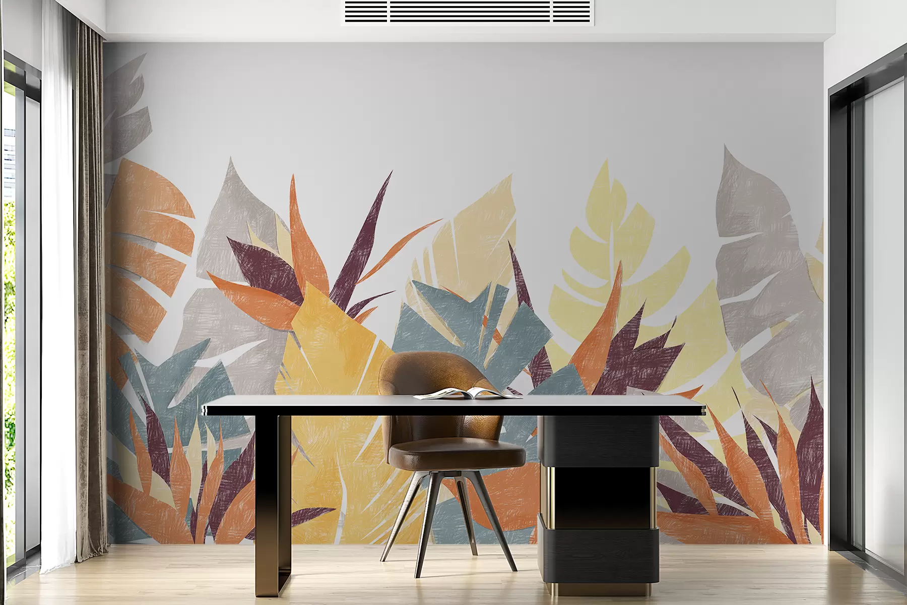 Fototapety Palmové listy, trópy, ceruzka imitujúca siluetu rastlín, kvet, modrá, žltá, oranžová, šedá, fialová, farba w00790v1