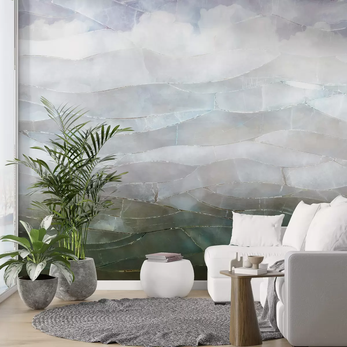 Fototapety Textúrovaná hmlistá, kopcovitá abstraktná gradientná krajina s vlniacimi sa zelenými poliami cez hmlu w00795