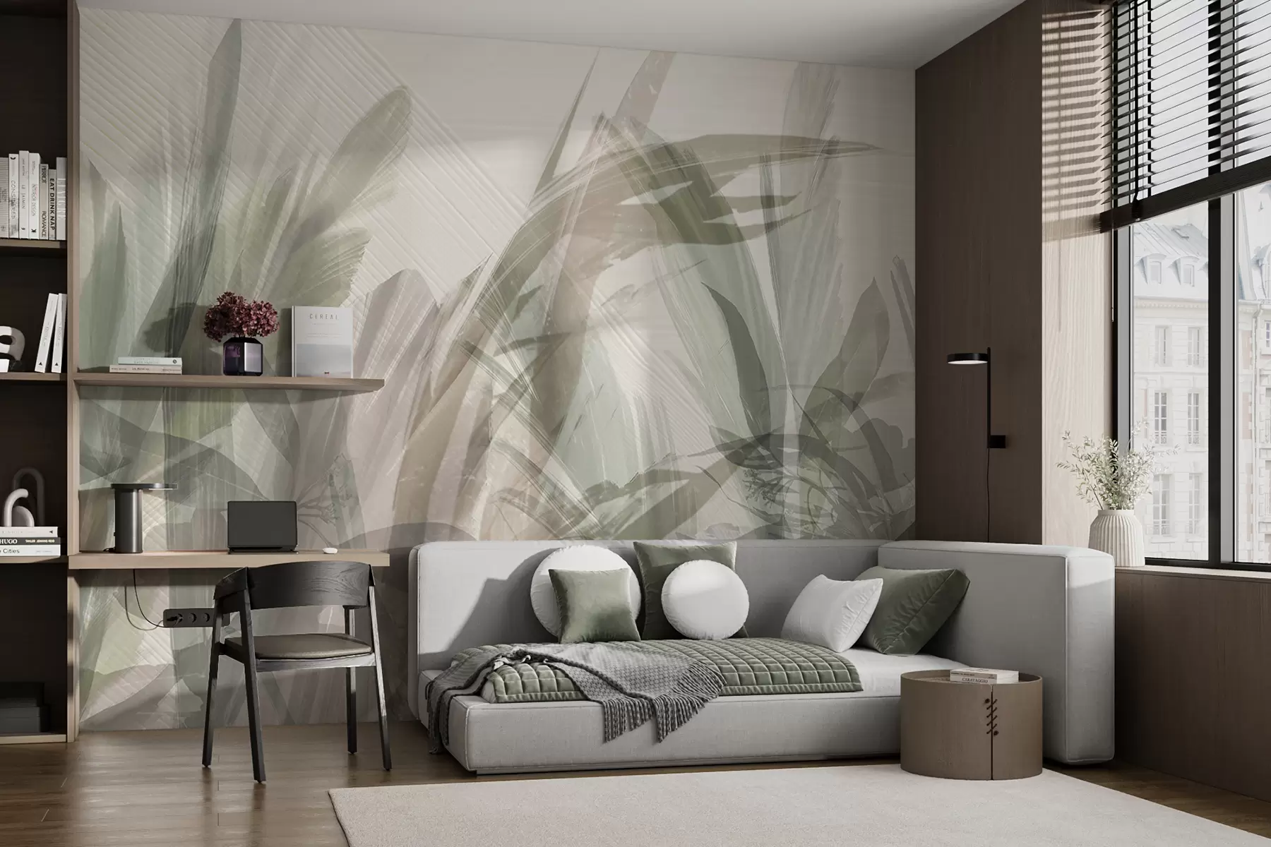 Fototapety Abstraktná multikompozícia rozmazaných tvarov tropických listov podobných tráve v odtieňoch svetlozelenej a šedej w00798