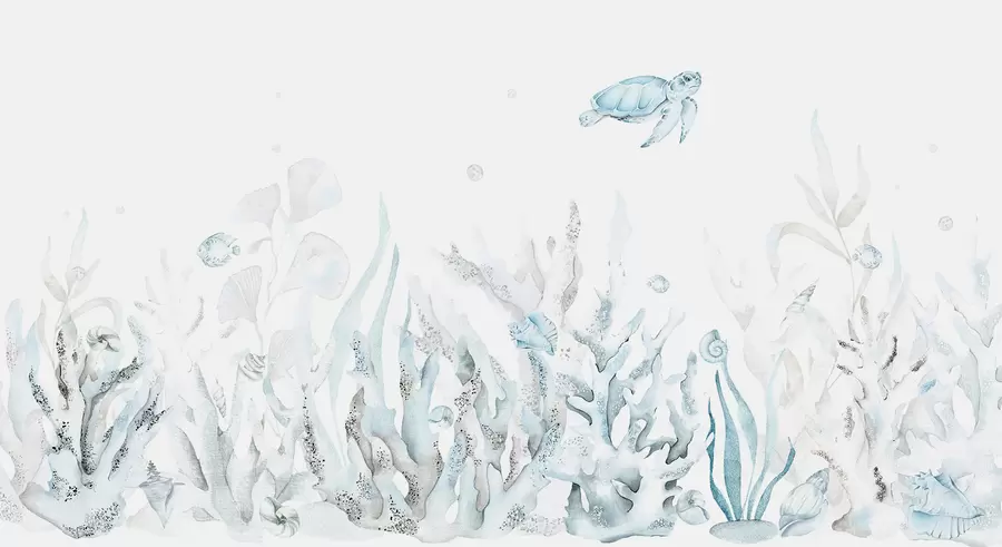 Fototapety Akvarel morské koraly, mušle, korytnačka, morský život, jemné modré farby w00849