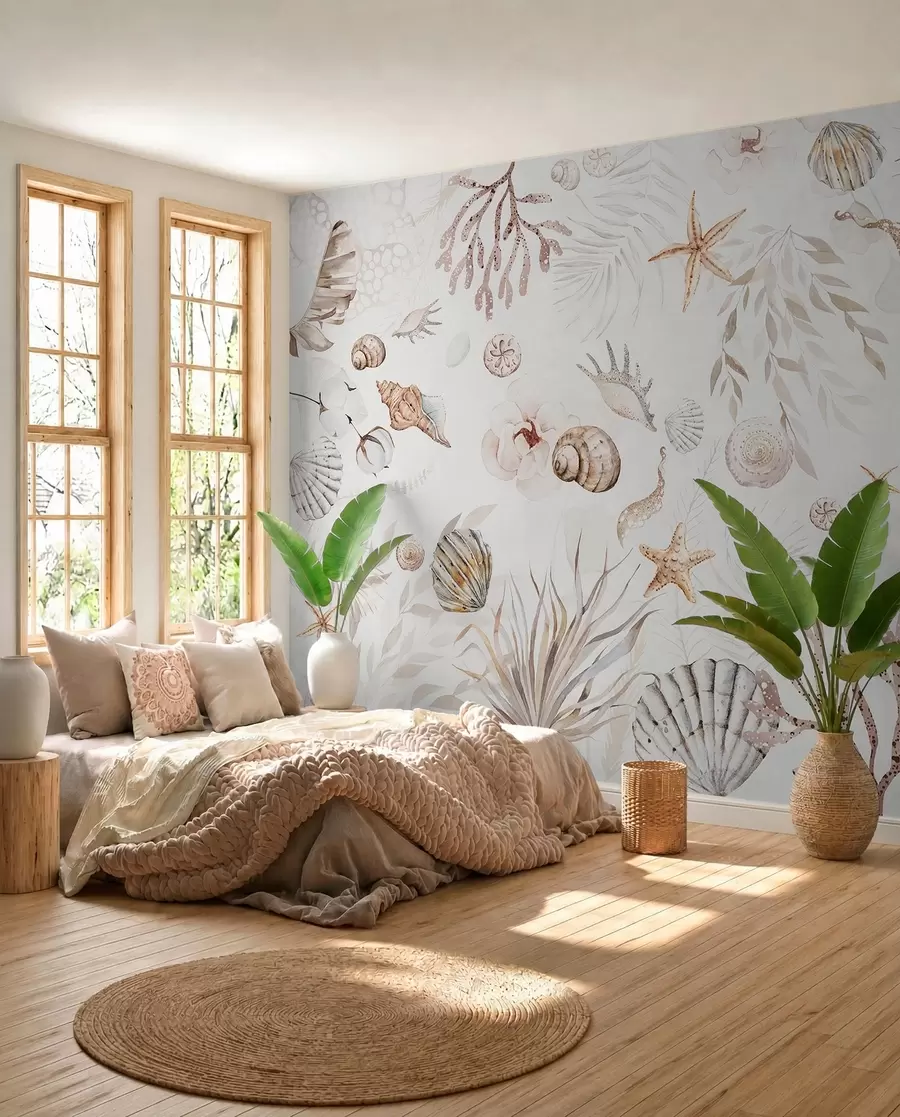 Fototapety Akvarelový morský vzor, boho štýl, mušle, koraly, bavlna, béžové farby w00851