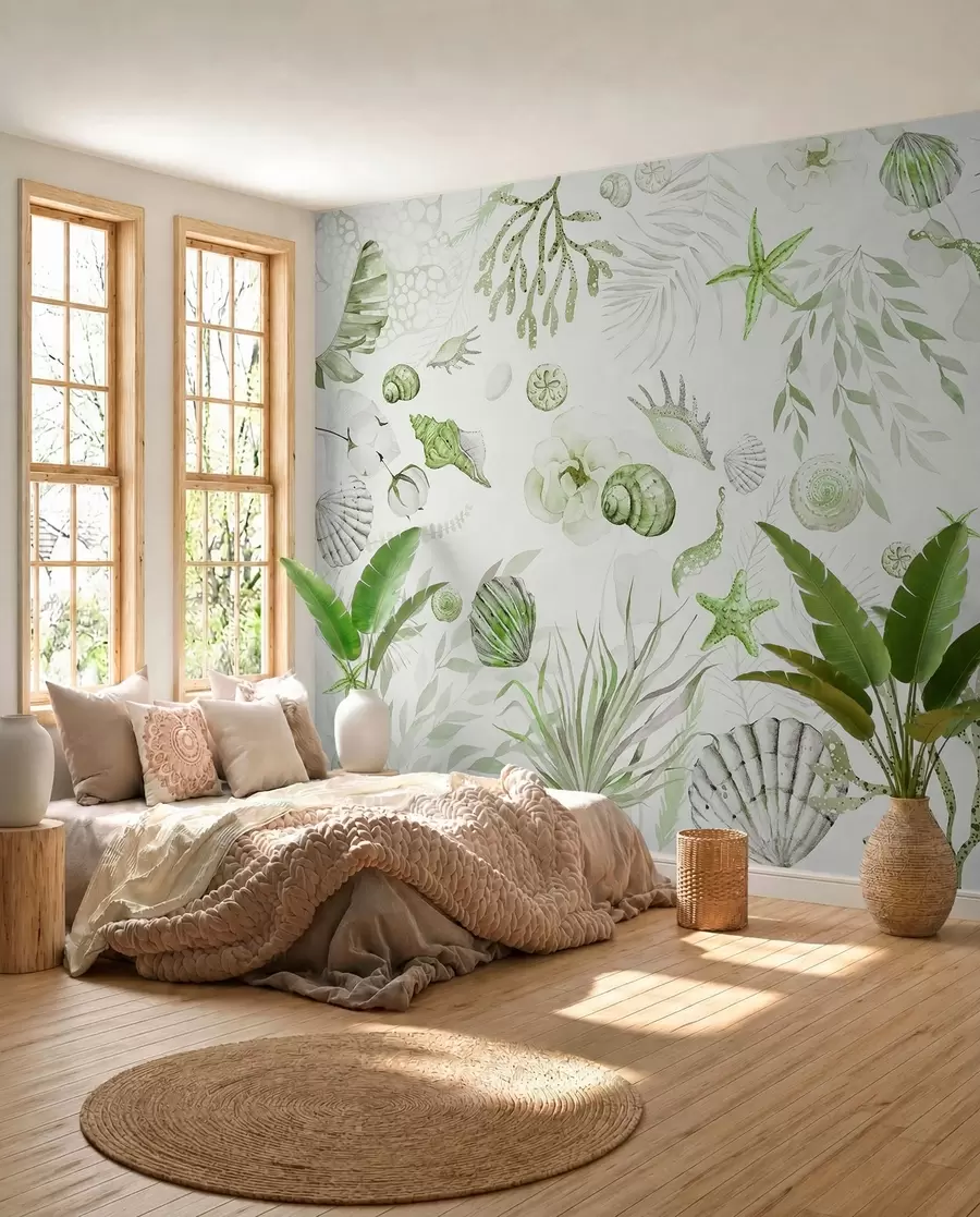 Fototapety Akvarelový morský vzor, boho štýl, mušle, koraly, bavlna, zelené farby w00851v2