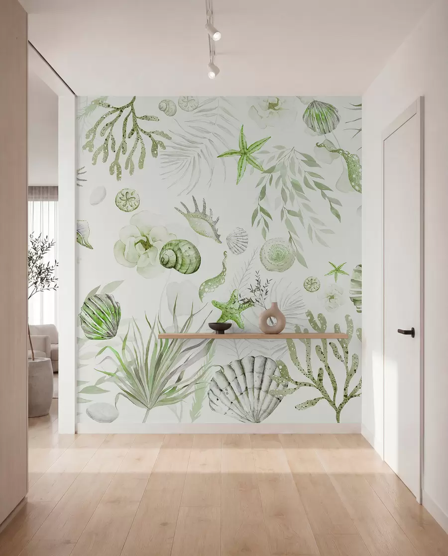 Fototapety Akvarelový morský vzor, boho štýl, mušle, koraly, bavlna, zelené farby w00851v2