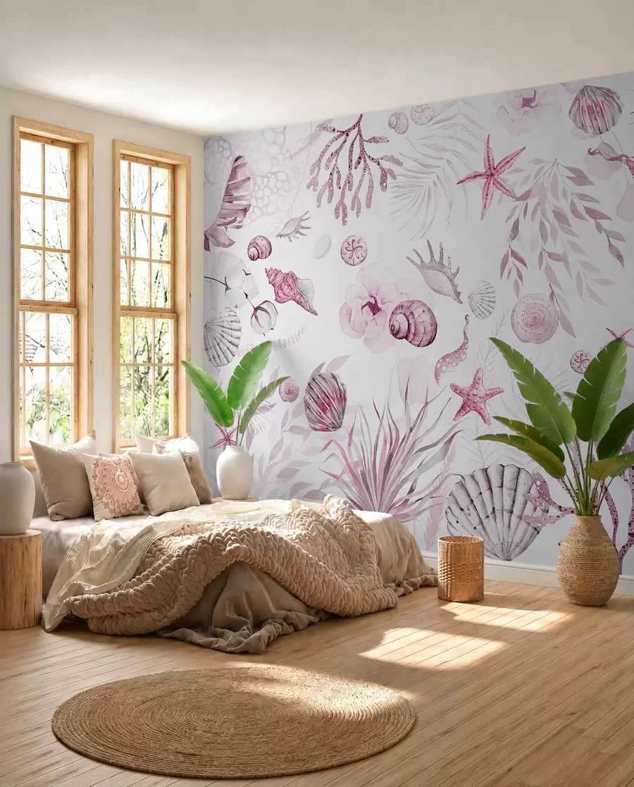 Fototapety Akvarelový morský vzor, boho štýl, mušle, koraly, bavlna, ružové farby w00851v3