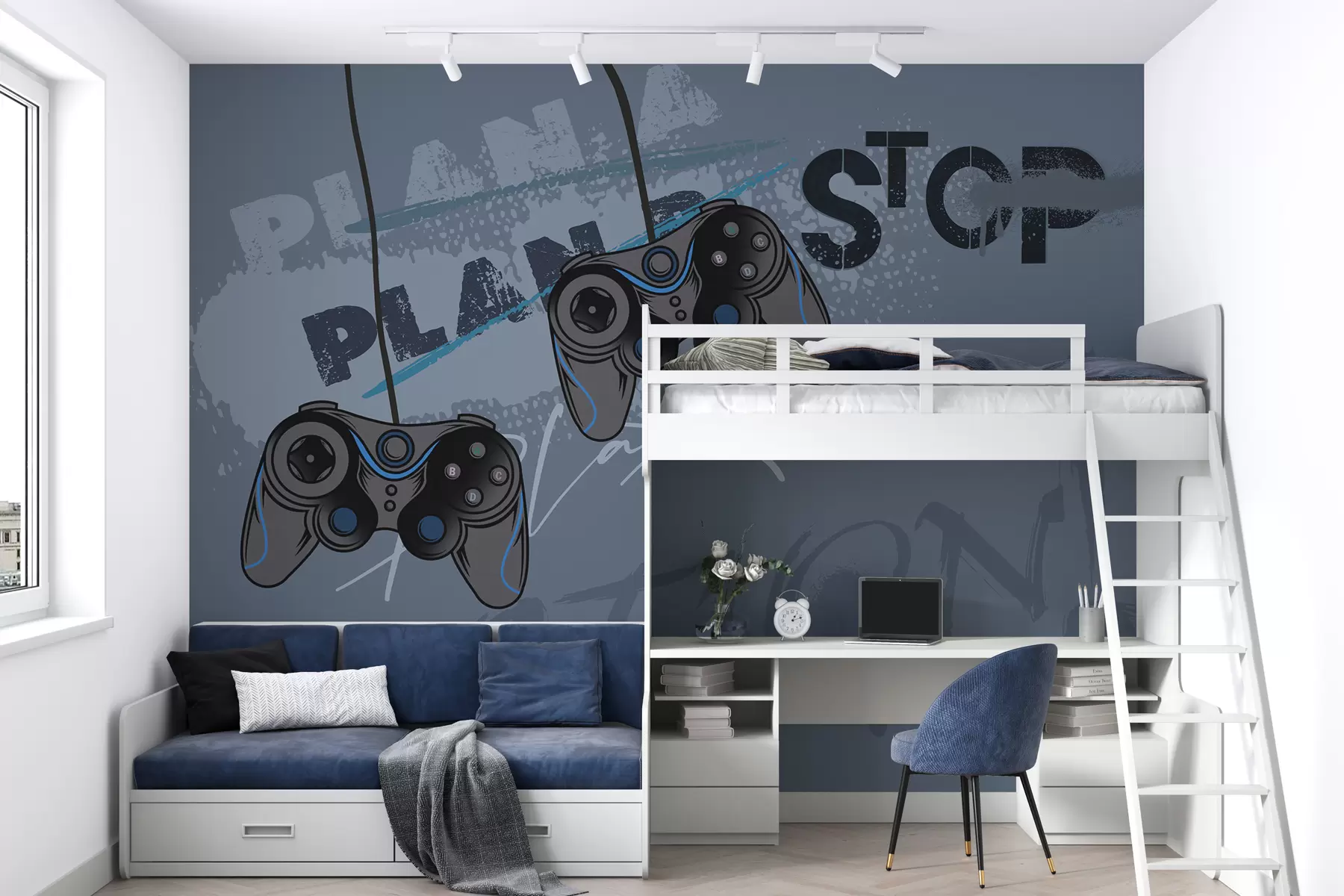 Fototapety Detská tapeta pre tínedžerov s joystickmi a grafickým nápisom v modrej farbe w00829