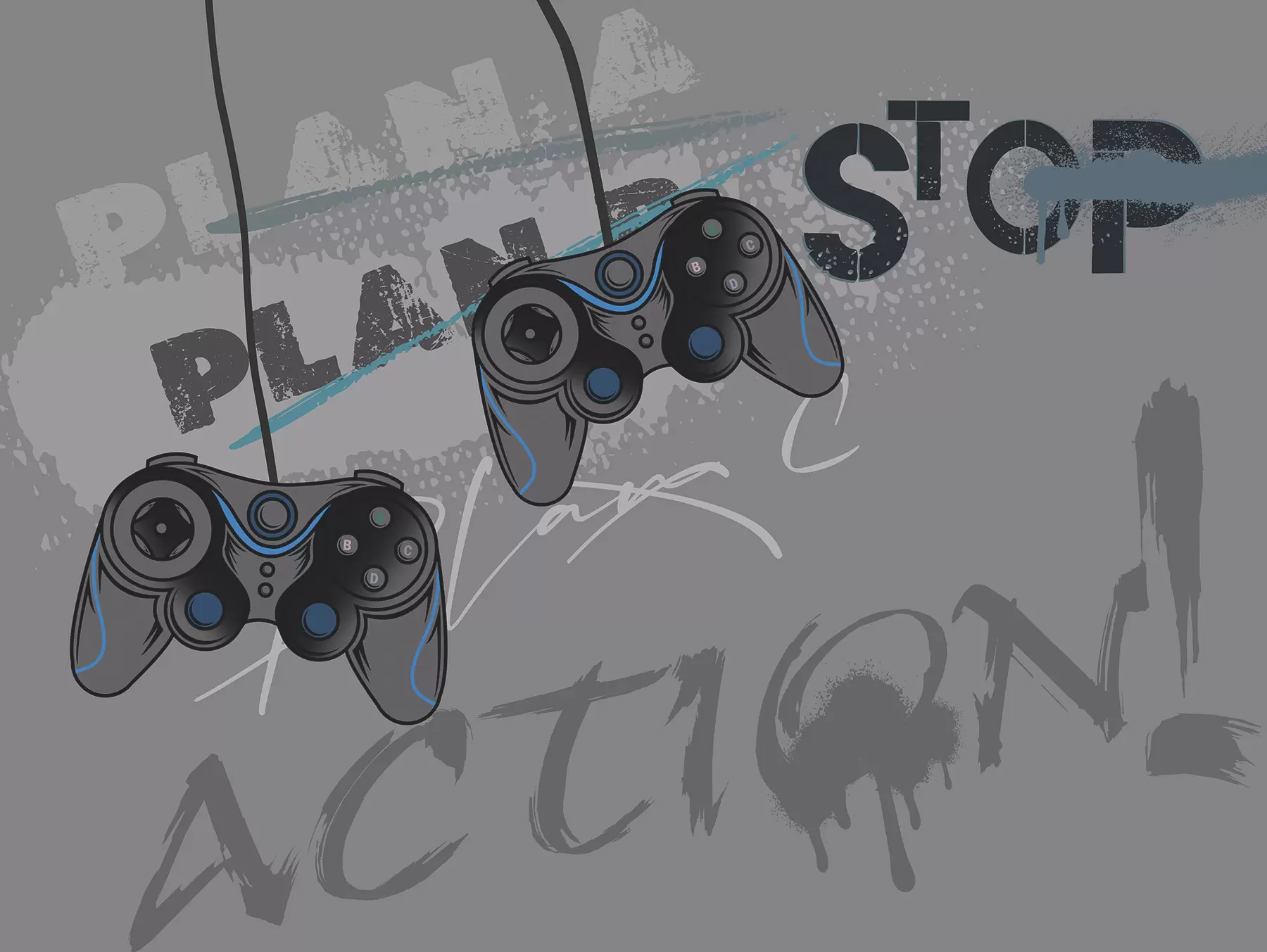 Fototapety Detská tapeta pre tínedžerov s joystickmi a grafickým nápisom v šedej farbe w00829v1
