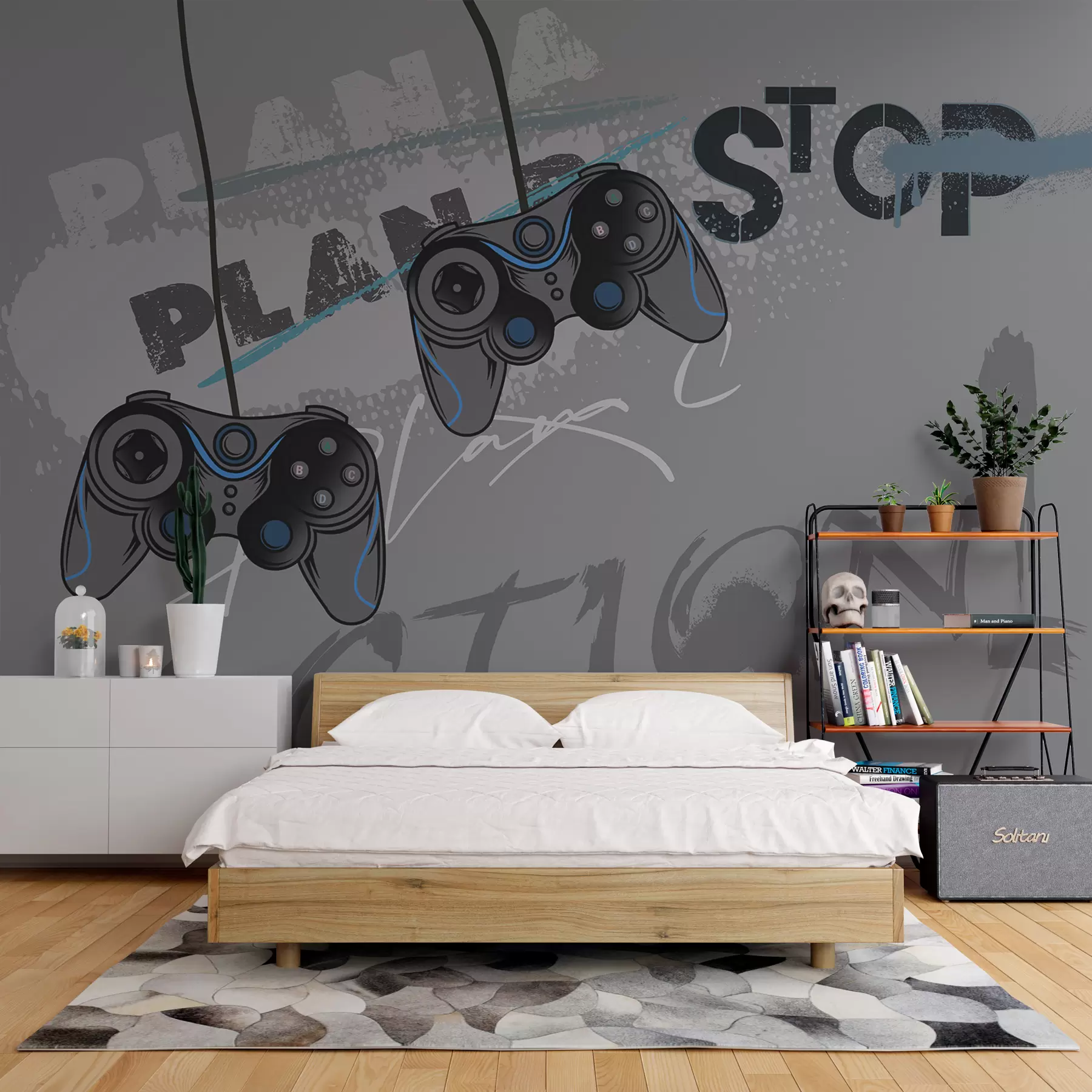 Fototapety Detská tapeta pre tínedžerov s joystickmi a grafickým nápisom v šedej farbe w00829v1