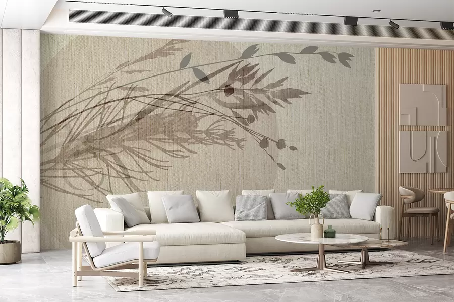 Fototapety Minimalistická ilustrácia kruhového tvaru s abstraktnými rastlinnými prvkami v tlmených zemitých tónoch w00902