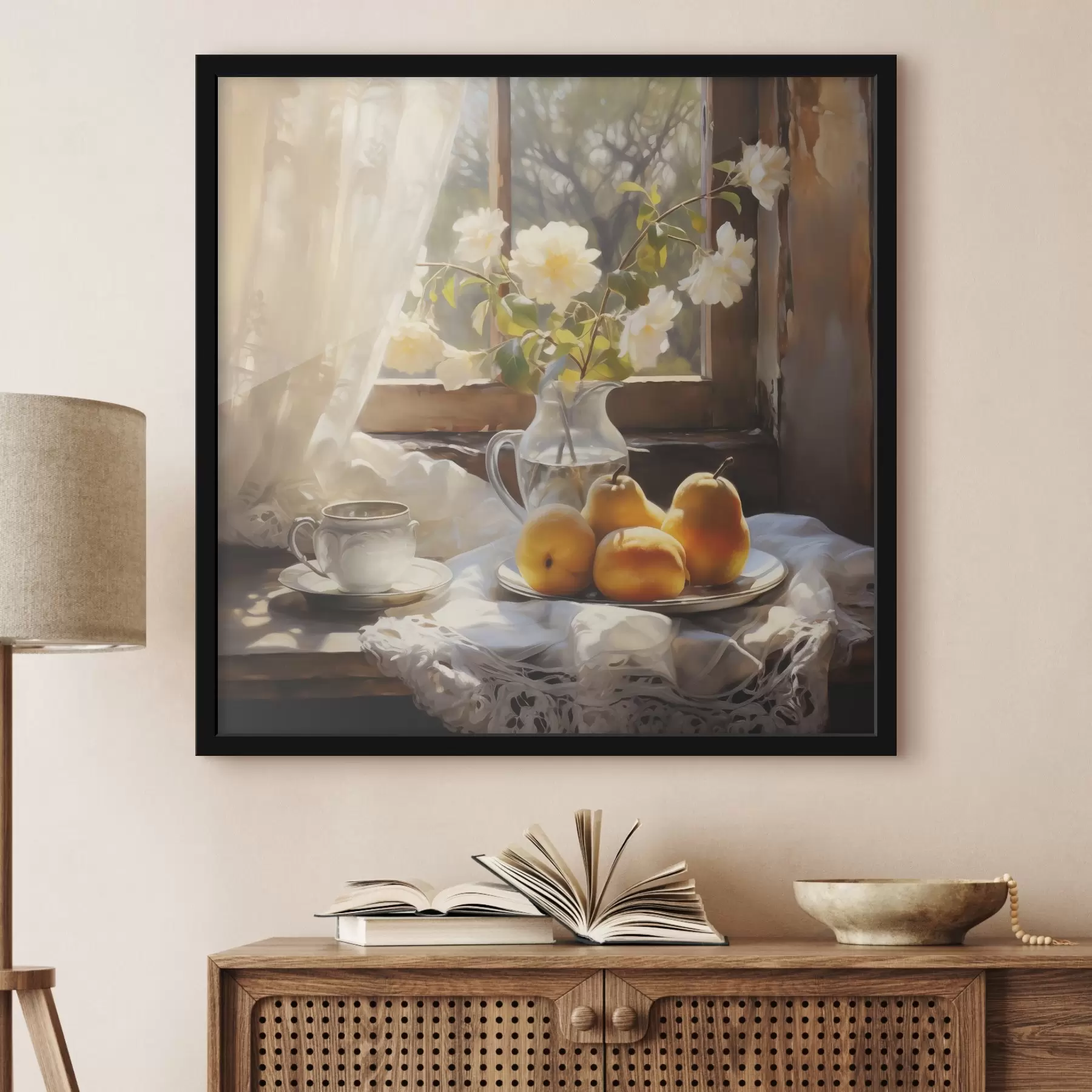 Fototapety Rustikálne zátišie so žltými zrelými hruškami na tanieri na stole pri okne, biele ruže v sklenenom džbáne, biele čipkované závesy f39129