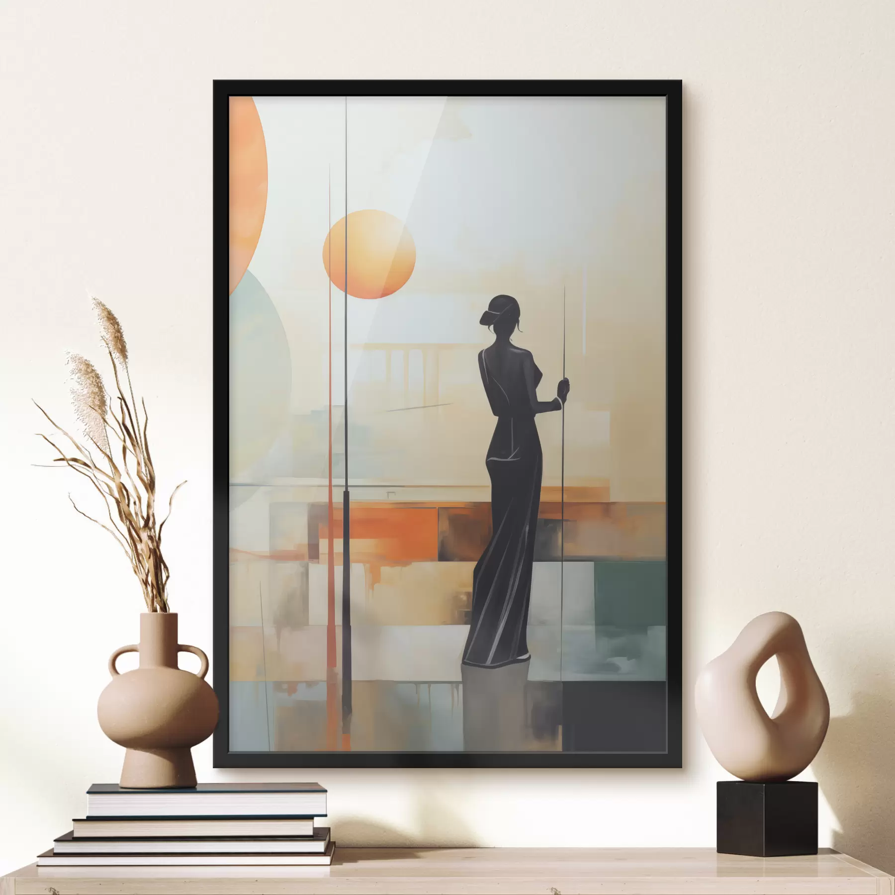 Fototapety Čierna ženská silueta s biliardovým tágom v rukách, maľba kubizmu, modrá, béžová, žltá farba f39197