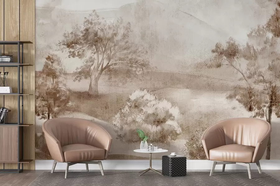 Fototapety Krajinná maľba zahmlenej vidieckej scény obklopenej sviežimi stromami a listami v odtieňoch hnedej w01247