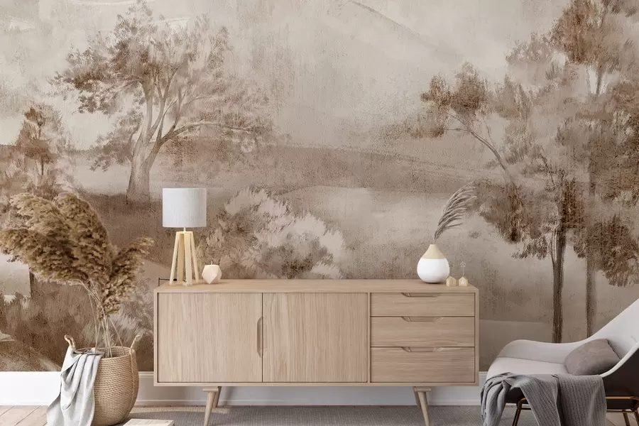 Fototapety Krajinná maľba zahmlenej vidieckej scény obklopenej sviežimi stromami a listami v odtieňoch hnedej w01247